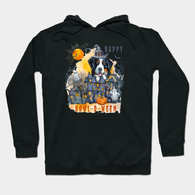 Bernese Mountain Dog Happy Howl-o-ween Ghost Houses Funny Watercolor Hoodie by Sniffist Gang